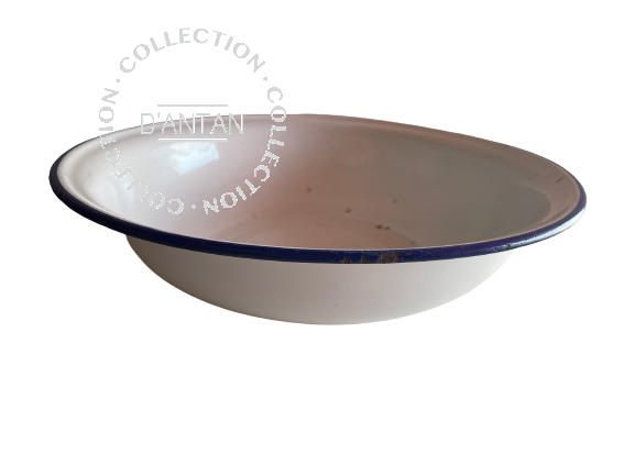 Weiß und blau emailliertes Waschbecken, Durchmesser 34 cm