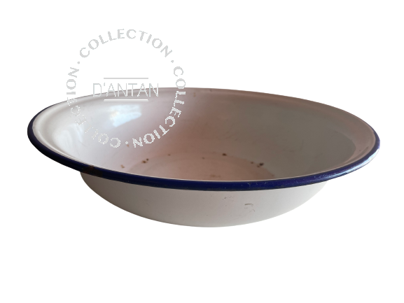 Weiß und blau emailliertes Waschbecken, Durchmesser 34 cm