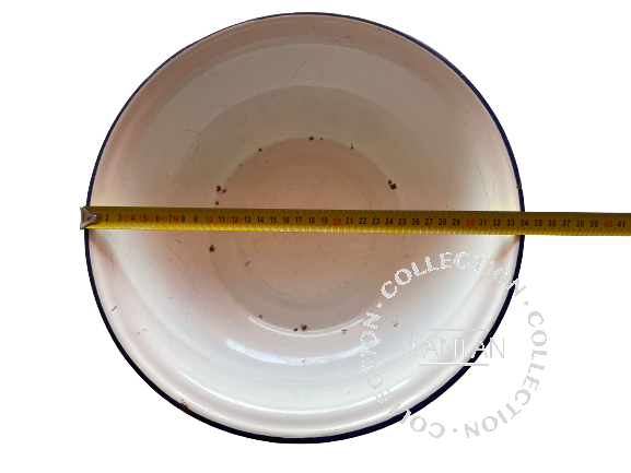 Weiß und blau emailliertes Waschbecken, Durchmesser 34 cm