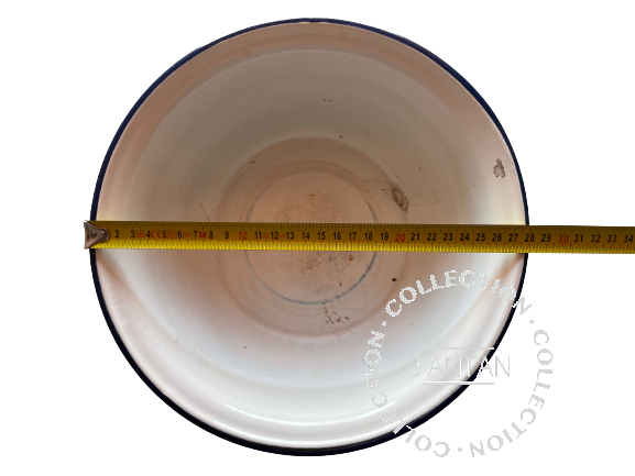 Weiß und blau emailliertes Waschbecken, Durchmesser 28 cm