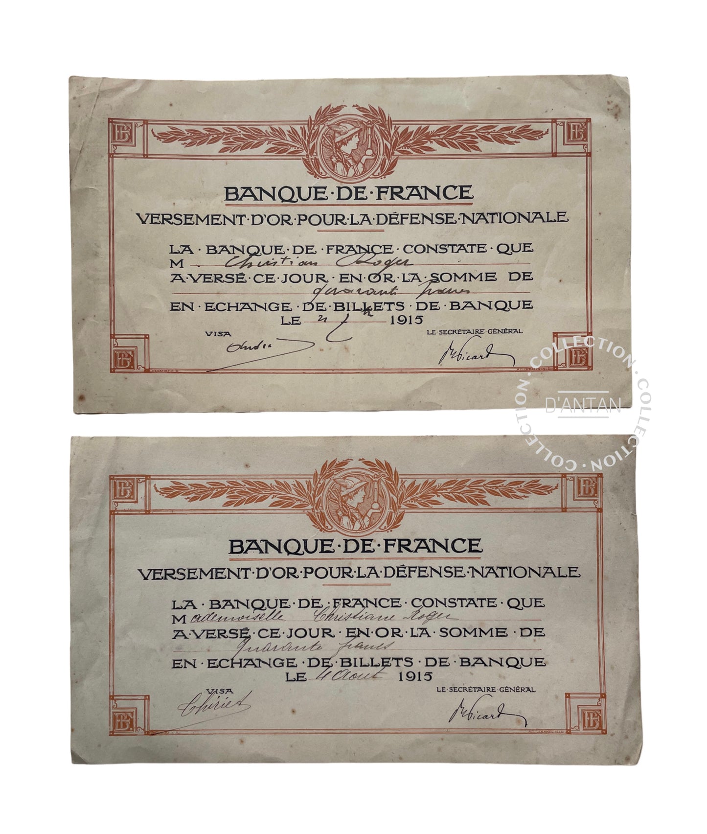 2 Bons Banque de France Versement D’Or pour La Défense Nationale 1915