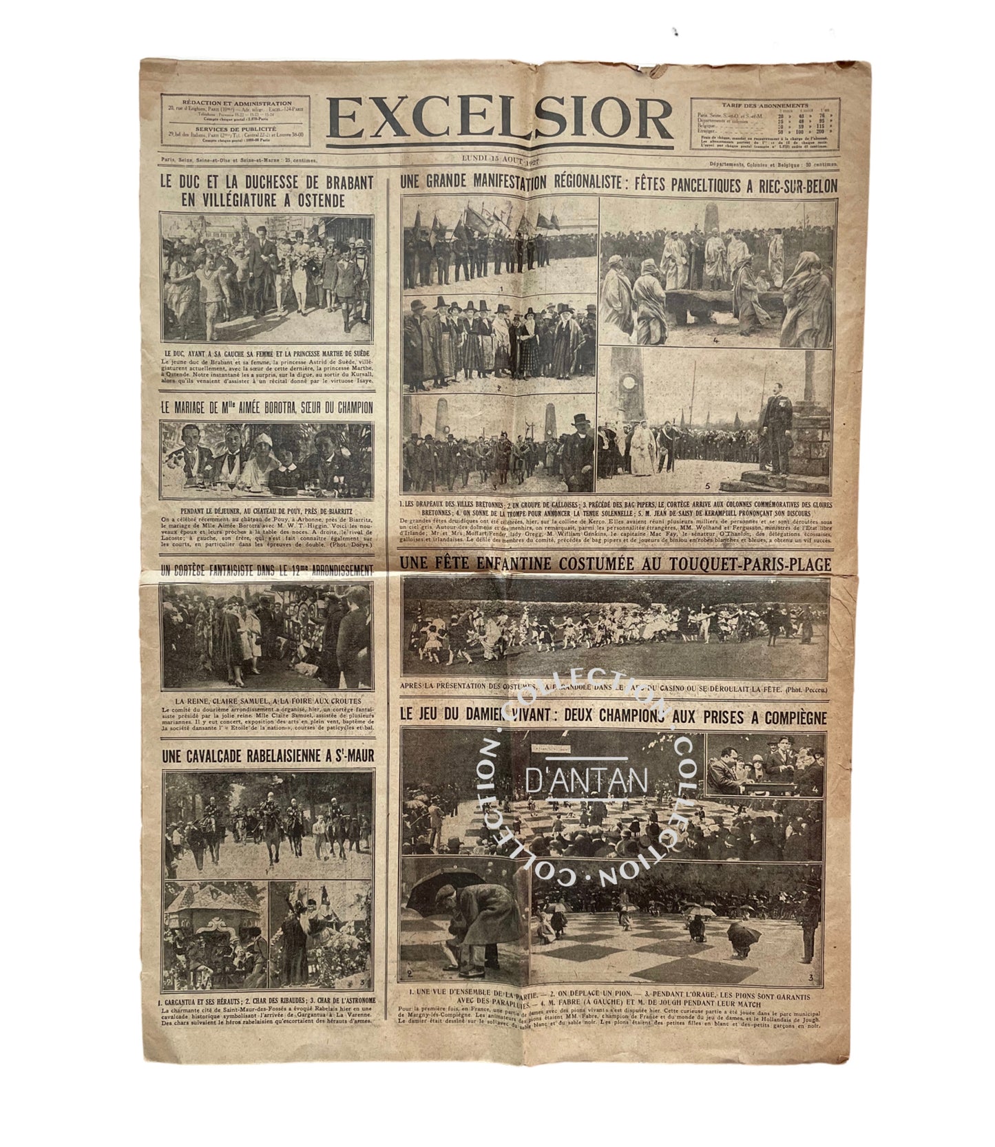 Journal Excelsior Paris daté 15 Août 1927 Original