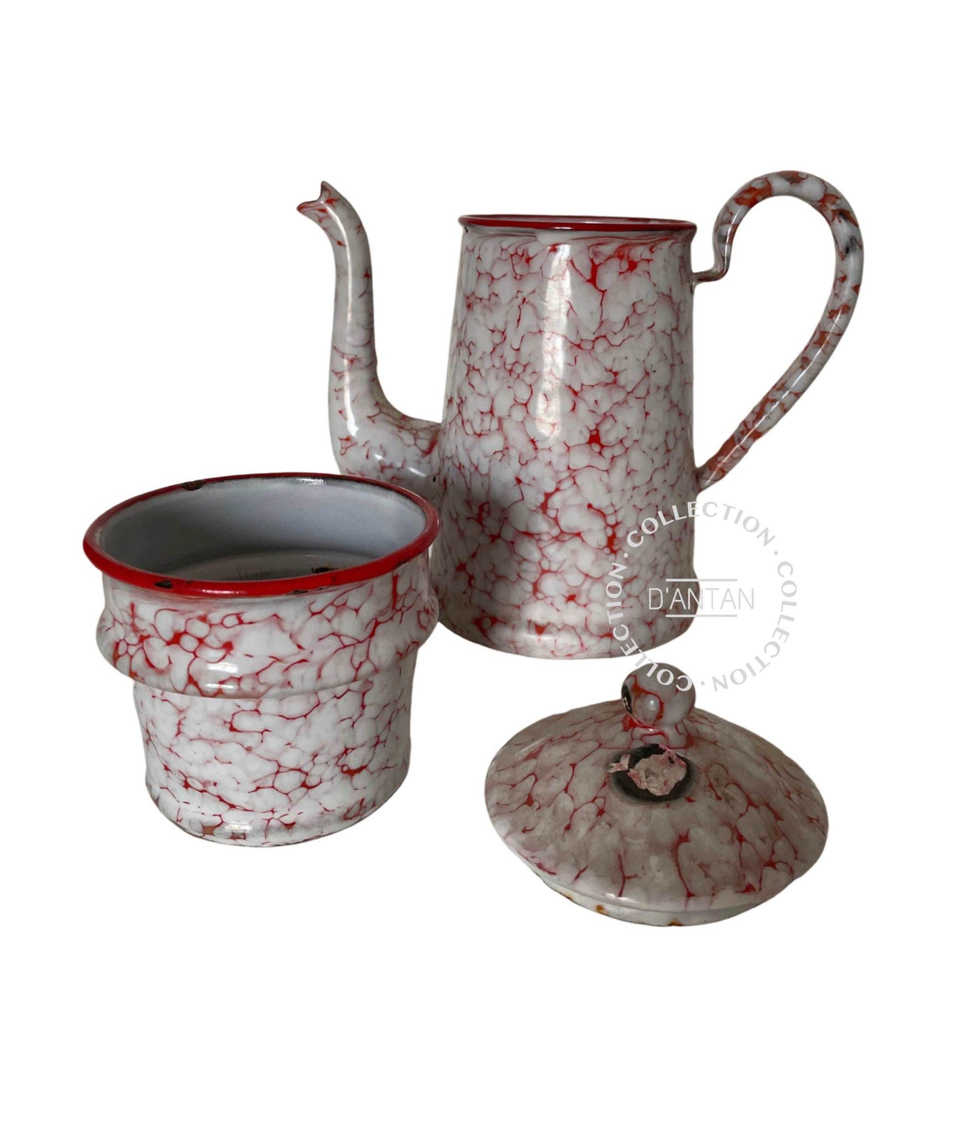 Cafetière Émaillée Marbrée Blanche et Rouge