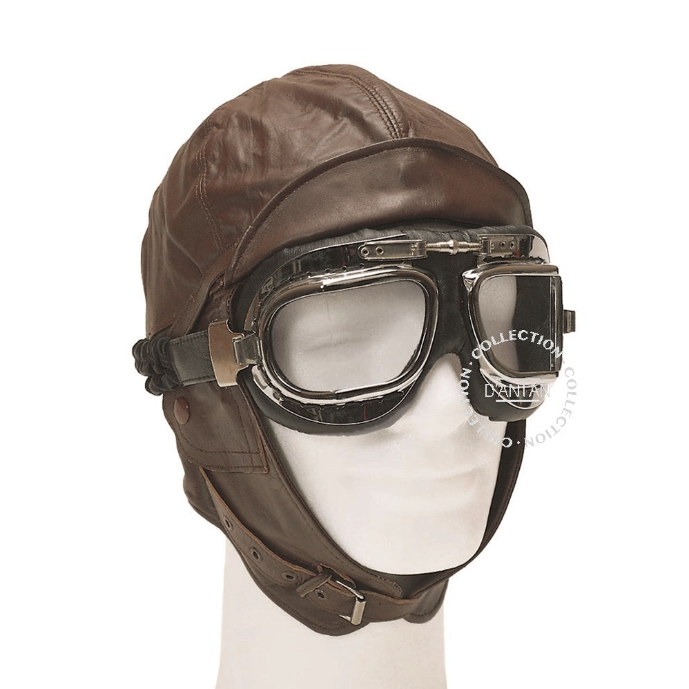 Casque Bonnet Aviateur ou Motocycle en Cuir Marron Reproduction