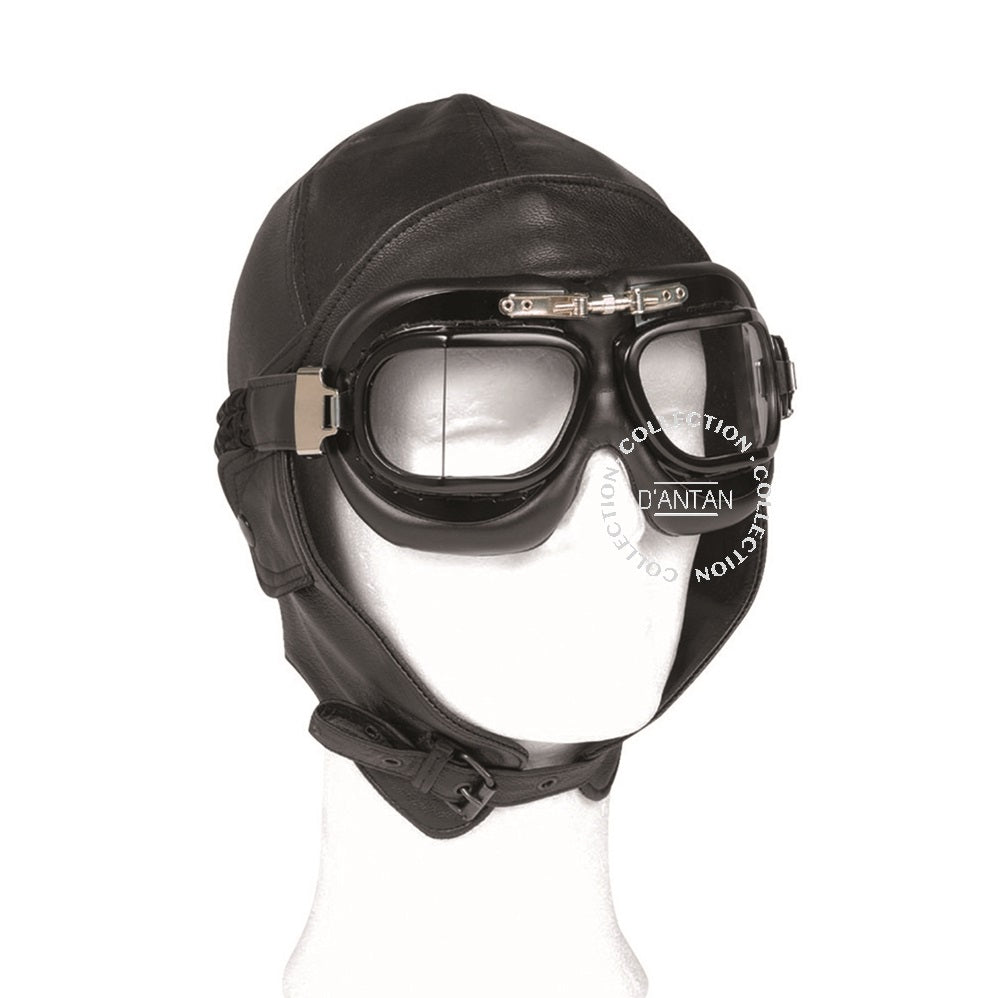 Casque Bonnet Aviateur ou Motocycle en Cuir Noir Reproduction