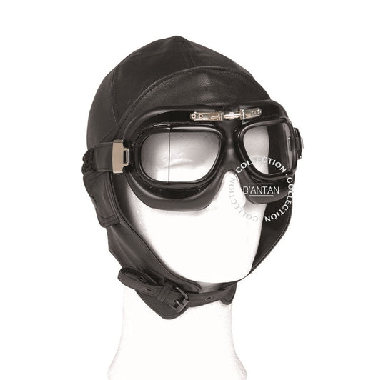 Casque Bonnet Aviateur ou Motocycle en Cuir Noir Reproduction