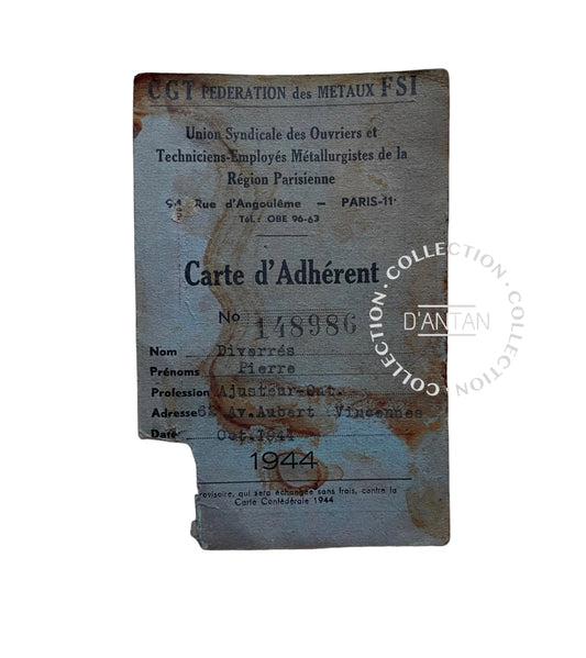 Carte D’Adhérent Fédération des Métaux CGT FSI Nominative datée 1944 Originale