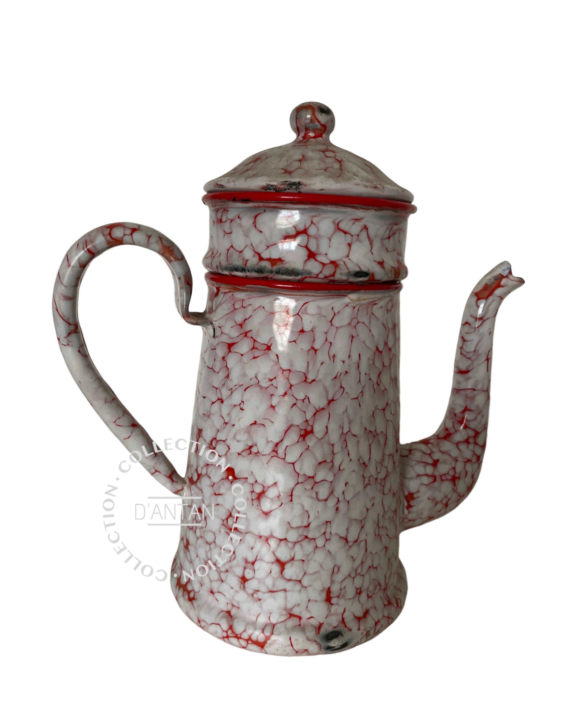 Cafetière Émaillée Marbrée Blanche et Rouge