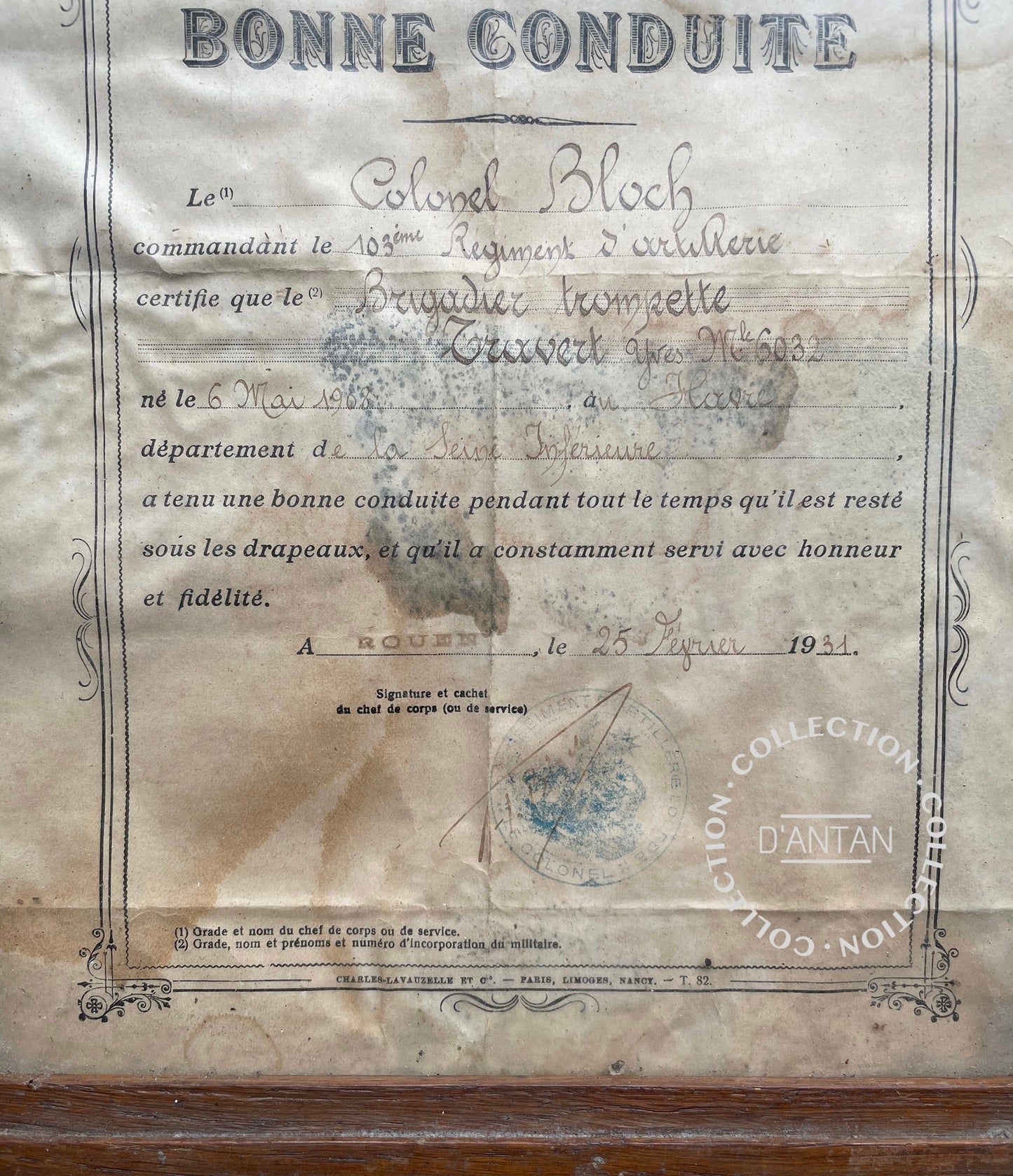 Certificat de Bonne Conduite 103 ème Régiment D’Artillerie Signé du Colonel BLOCH Daté de 1931