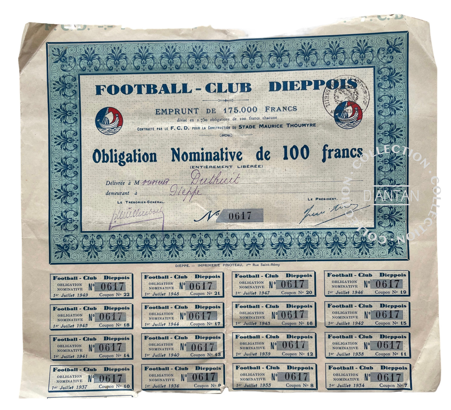 4 Actions/Obligations Football Club Dieppois Années 30/40