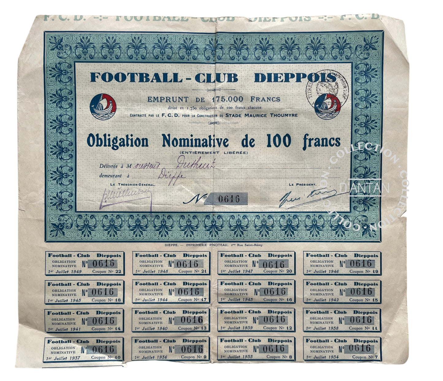 4 Actions/Obligations Football Club Dieppois Années 30/40