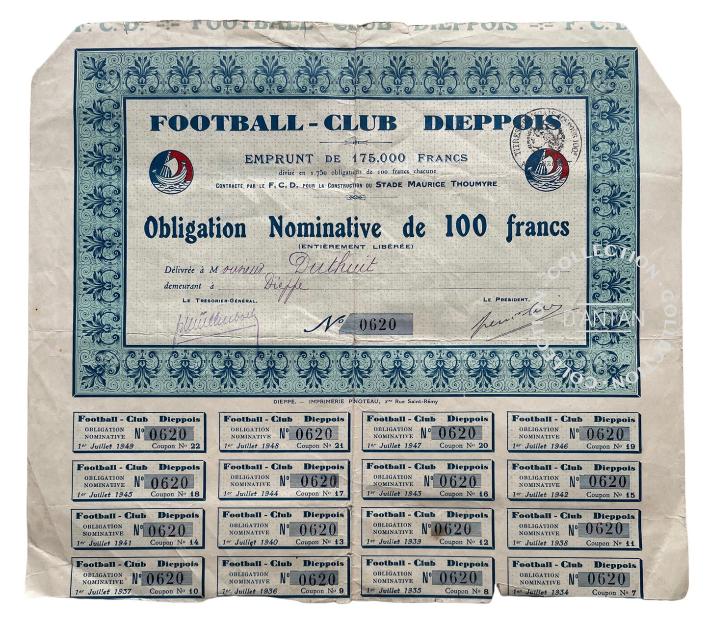 4 Actions/Obligations Football Club Dieppois Années 30/40