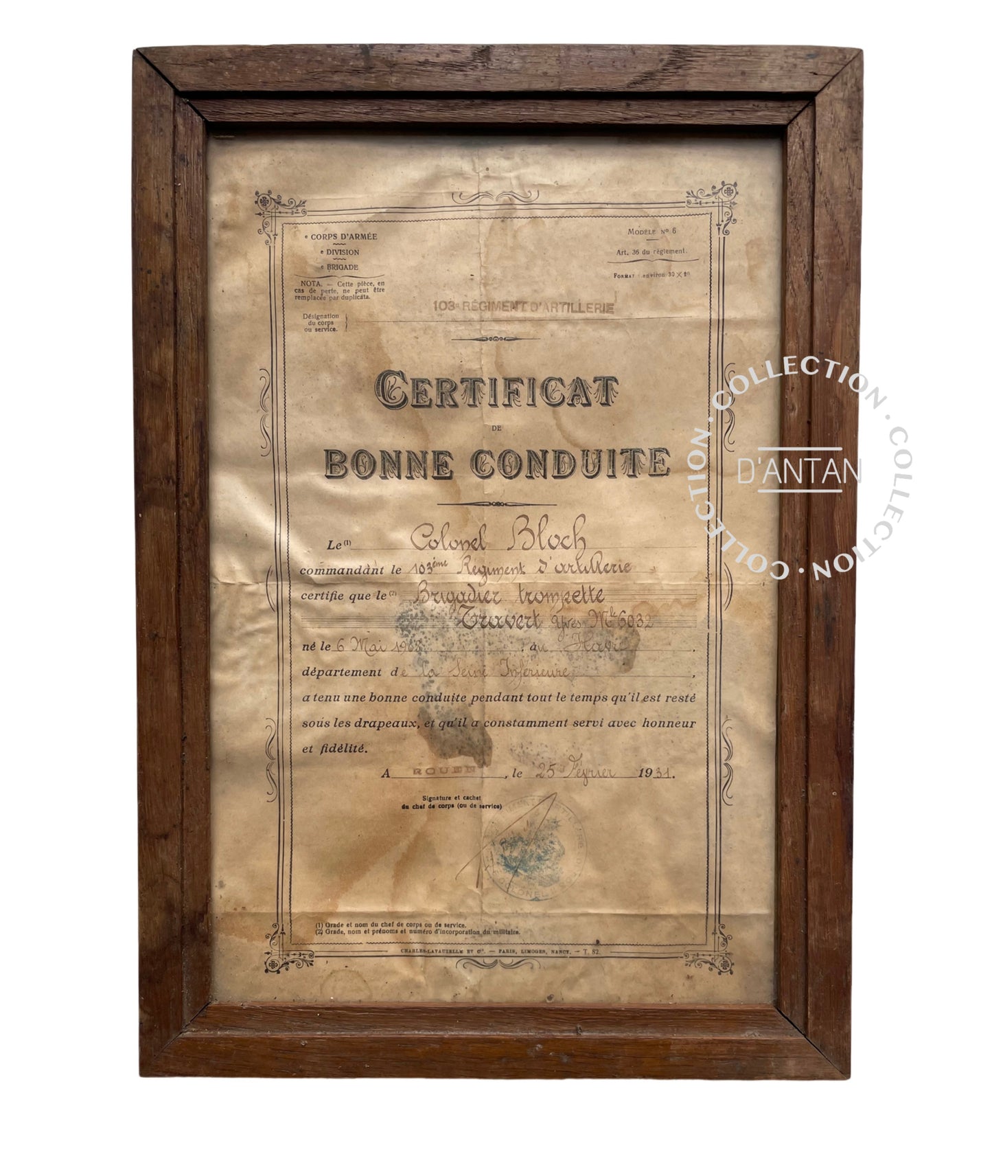 Certificat de Bonne Conduite 103 ème Régiment D’Artillerie Signé du Colonel BLOCH Daté de 1931