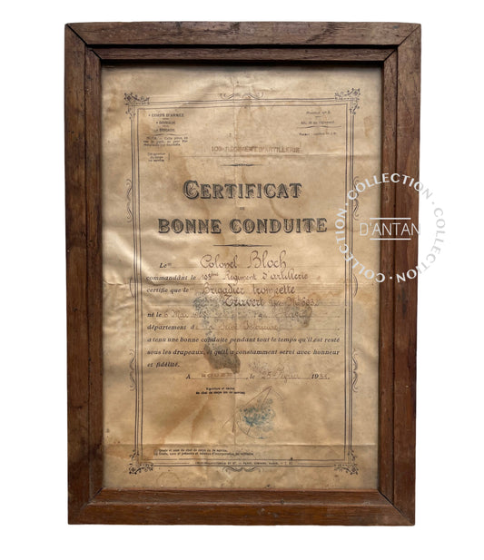 Certificat de Bonne Conduite 103 ème Régiment D’Artillerie Signé du Colonel BLOCH Daté de 1931