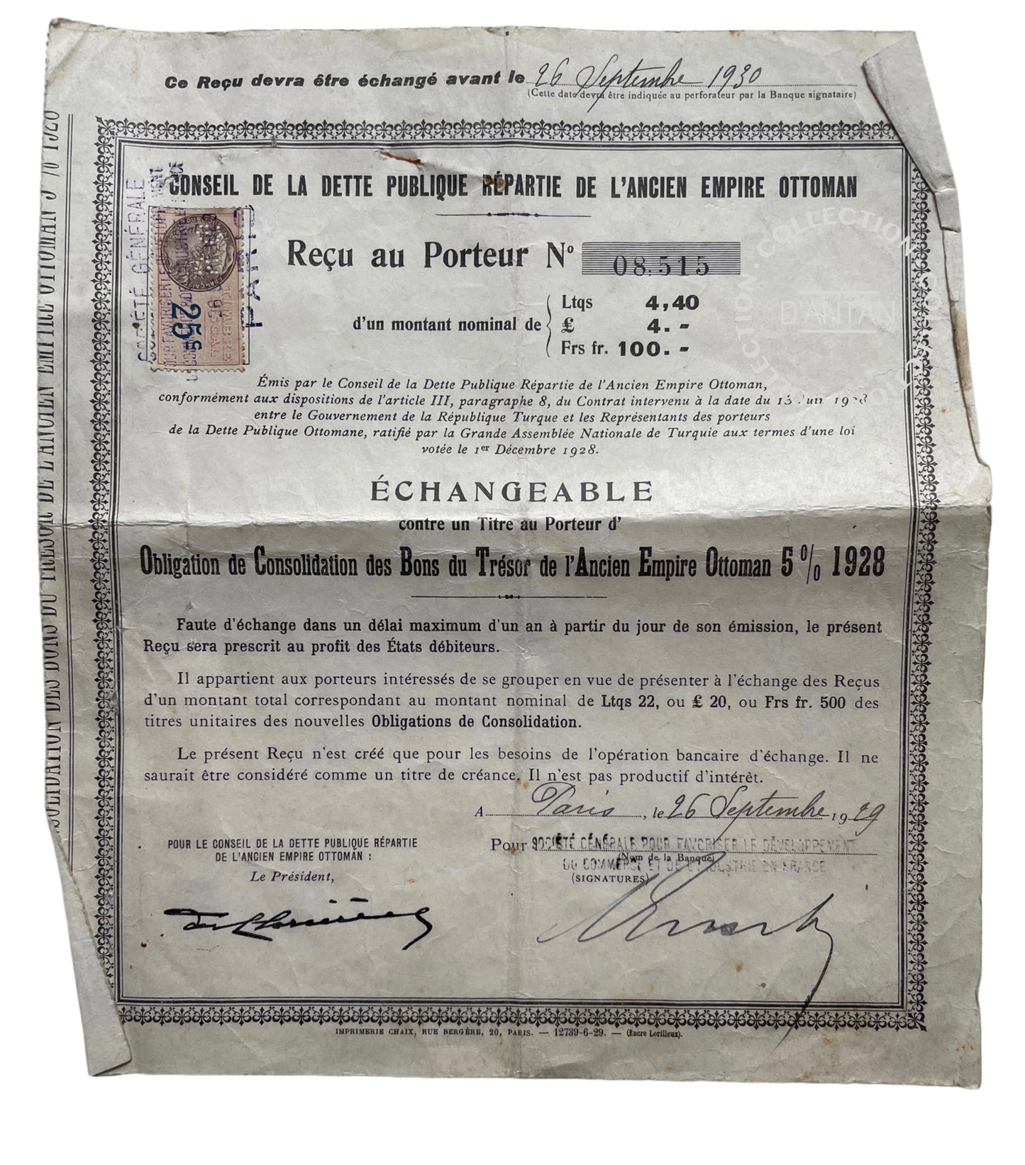 4 Reçus Échangeables Bon Du Trésor De L’ancien Empire Ottoman Datés 1930