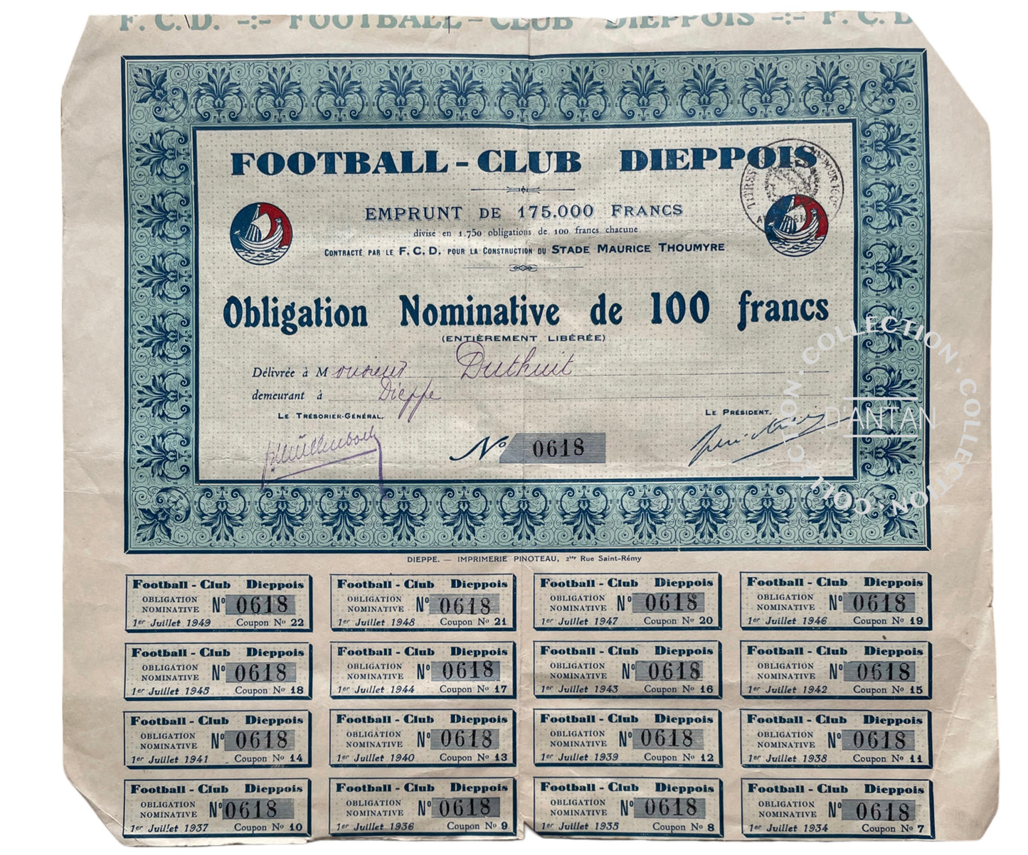 4 Actions/Obligations Football Club Dieppois Années 30/40