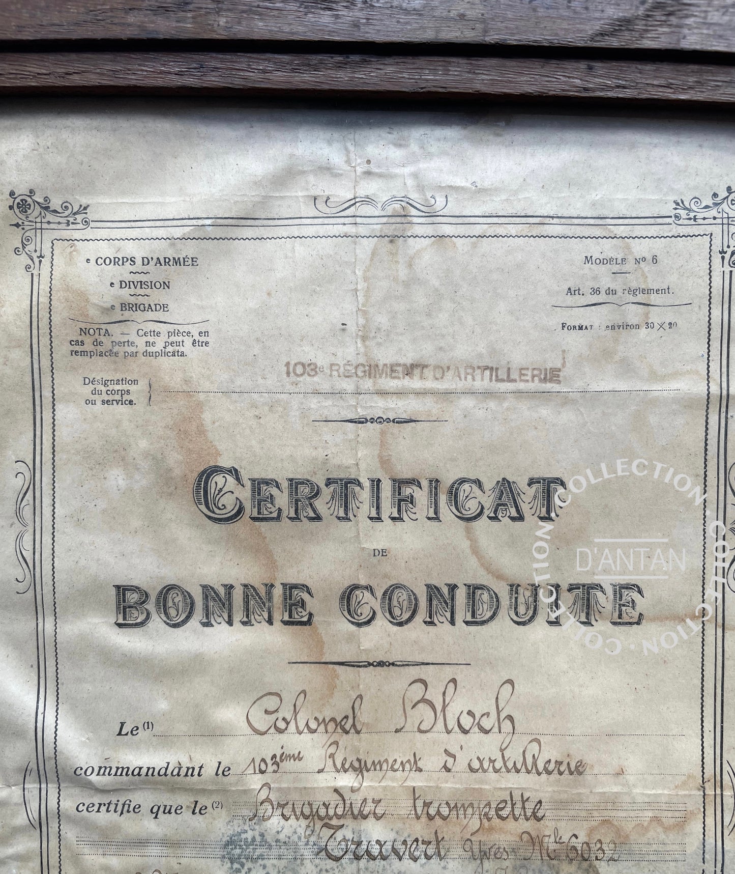 Certificat de Bonne Conduite 103 ème Régiment D’Artillerie Signé du Colonel BLOCH Daté de 1931